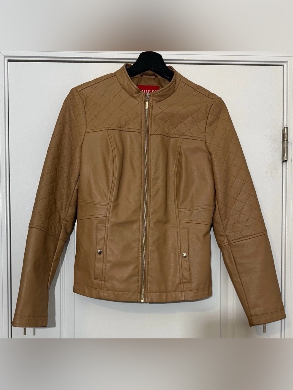 Guess Moto Bomber Jacket Tan Faux Leather Women’s Size Small